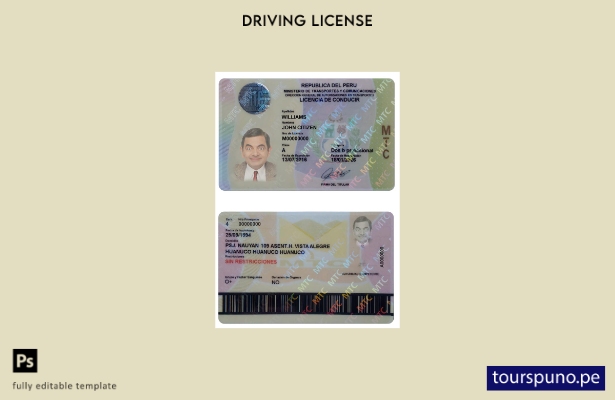 Plantilla de licencia de conducir de Perú lista para imprimir
